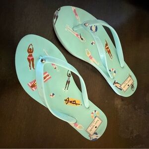 Kate Spade Aqua Flip Flops with Beach Print